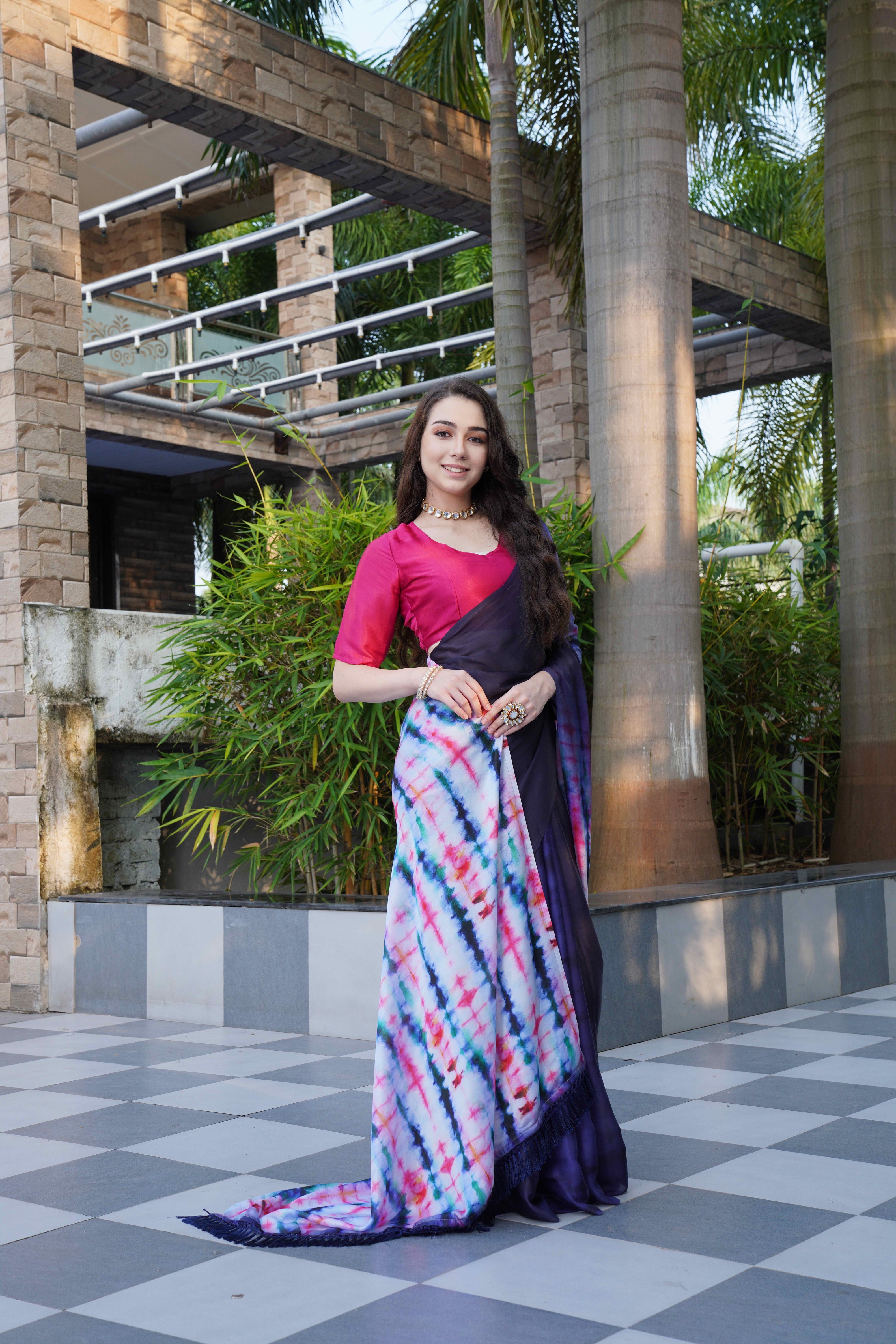 Dark Blue Colour Block Georgette Saree